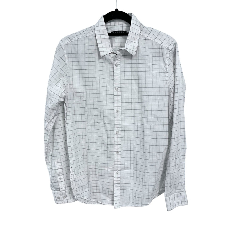 Grid Cotton Standard Fit Button Down Long Sleeve Shirt Size Small Cream